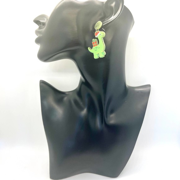 Christmas Dino Earrings - Dinosaur Earrings - Santa Earrings - Holiday Earrings - Picture 6 of 8